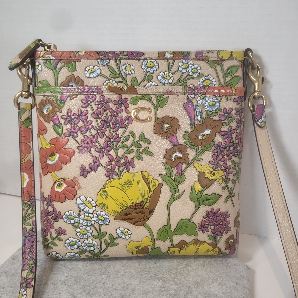 Coach Floral Leather Crossbody in Cream with Yellow, Pink & Green Accents - Picture 4 of 10